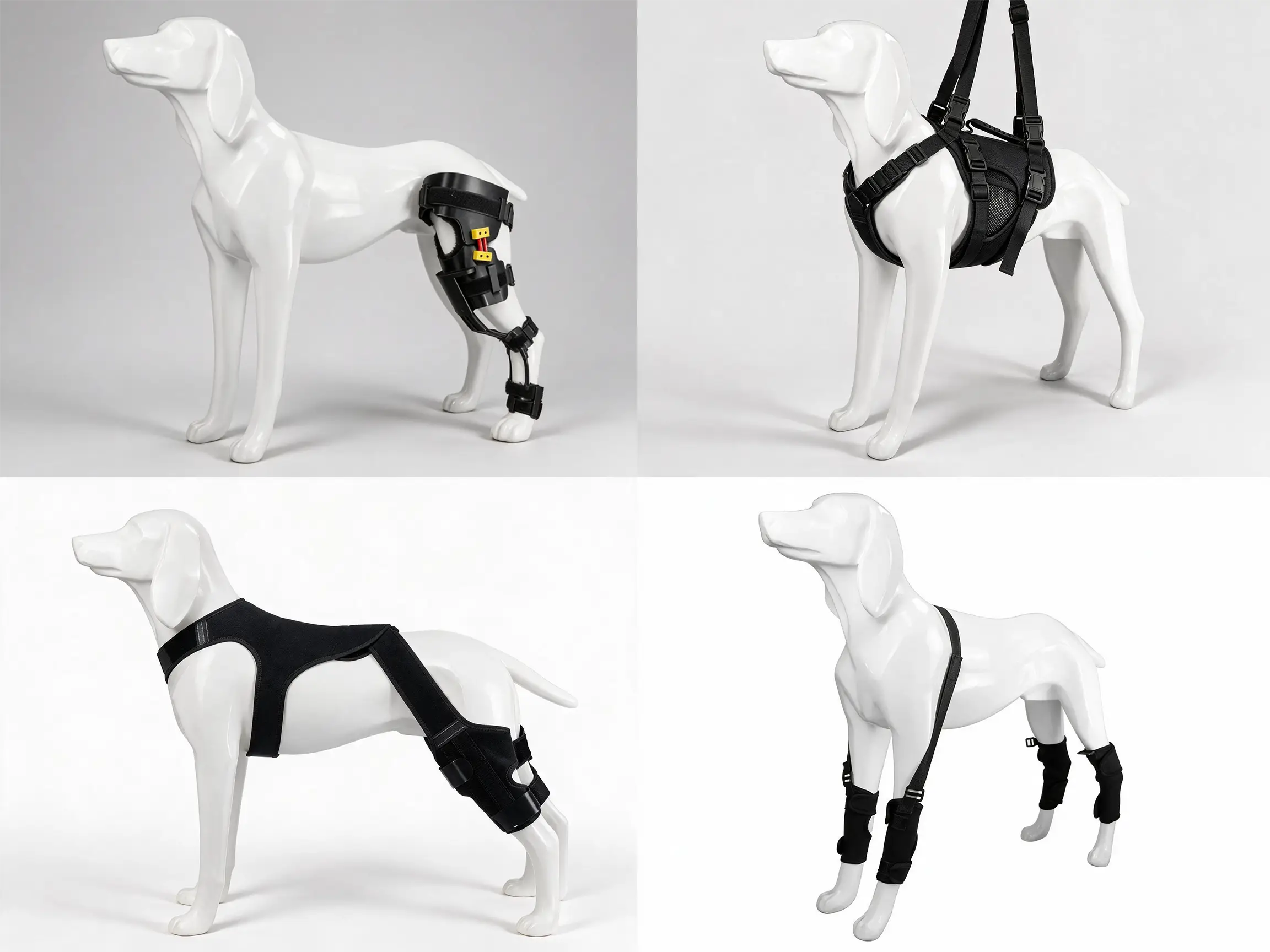 Supporting canine mobility products displayed on dog models